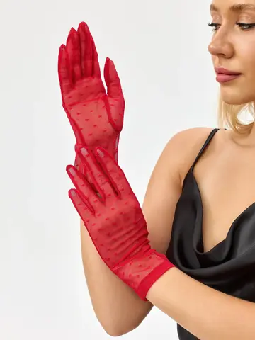 Короткие перчатки из сетки в горошек красные — кадр 6 из 15
