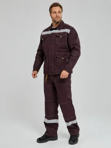 Рабочий костюм с брюками бордово-коричневый со световозвращающими полосами — кадр 15 из 26